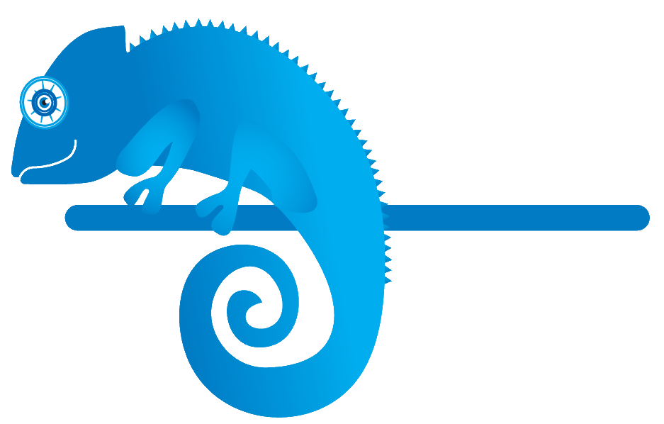 Blaues, stilisiertes Chamäleon mit großer Spirale im Schwanz, das auf einem Ast sitzt.