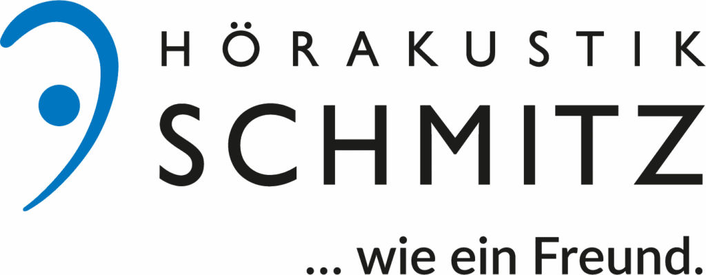 Logo „Hörakustik Schmitz“ mit blauem stilisiertem Ohrsymbol links und dem Schriftzug „Hörakustik Schmitz … wie ein Freund“